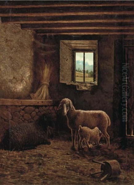 Sheep In A Barn Oil Painting by Eugene Meeks