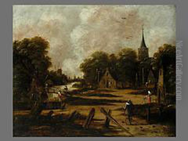 Stadtansicht Mit Windmuhle An Einem Fluss Oil Painting by Jan Meerhout