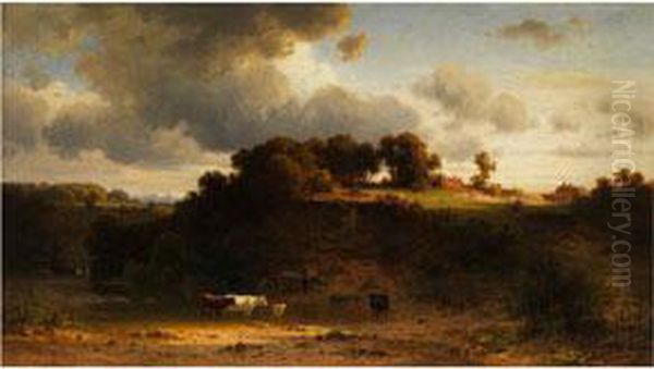 Landschaft Mit Kuhen, Hausern Und Einem Heuwagen Oil Painting by Arnold Meermann