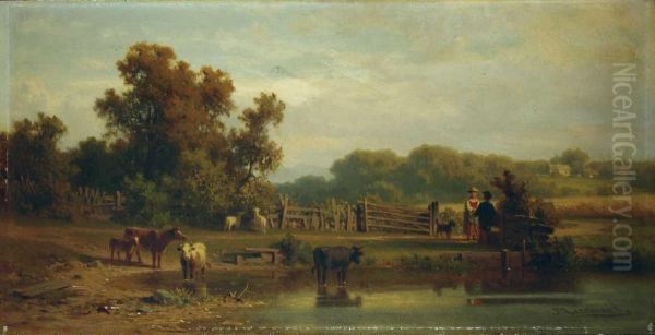 Bewaldete Landschaft Mit Viehtranke Oil Painting by Arnold Meermann