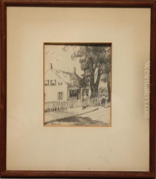 Figures Walking In Front Of A Cape Cod-style House Oil Painting by Lillian Burk Meeser