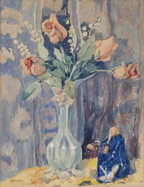 Floral With Asian Figure Oil Painting by Lillian Burk Meeser