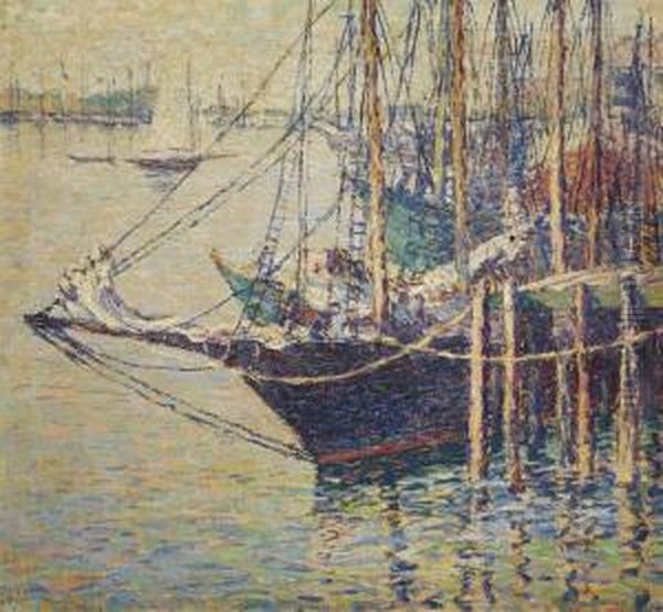 Ships At Dock Oil Painting by Lillian Burk Meeser