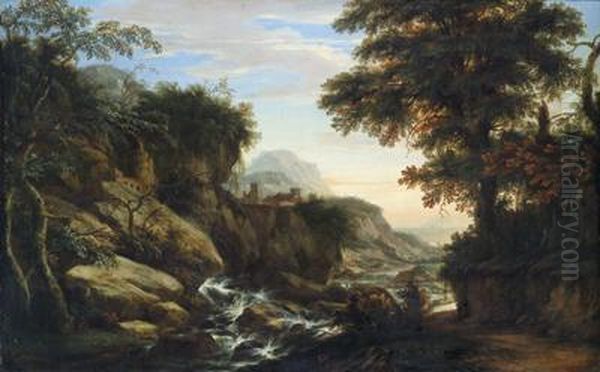 Paesaggio Montuoso Boschivo Con Un Torrente Ed Una Roccaforte Oil Painting by Renier Megan