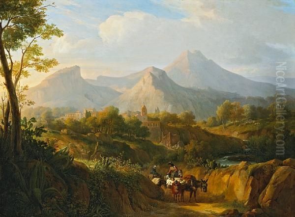 An Extensive Italianate Landscape With Figures And Donkeys In The Foreground With Mountains Beyond Oil Painting by Joseph Meganck