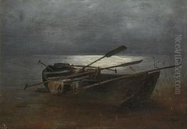 Fischerkahn Am Nachtlichen
 Seeufer. Oil Painting by Lothar Meggendorfer