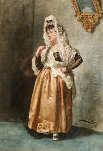 Lady In Period Spanish Costume In An Interior Oil Painting by Nicolas Megia Marques