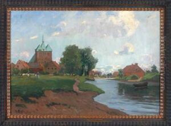 Sommerliche Flusslandschaft Am Stadtrand Mit Blick Auf Eine Romanische Backsteinkirche Oil Painting by Hanna Mehls