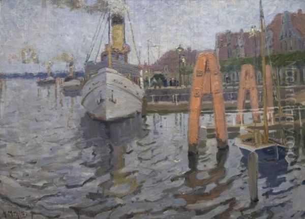 Kleiner Ostseehafen Mit Dampfer ````mowe```` Oil Painting by Hanna Mehls