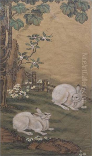 Rabbits Amongst Chrysanthemums And Rocks In A Garden With A Bamboo Fence Oil Painting by Leng Mei