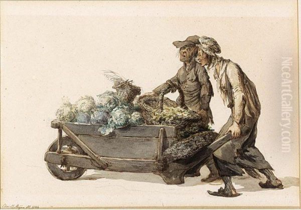 Two Market-vendors Wheeling A Barrow Full Of Cabbages Oil Painting by Christoffel Meijer