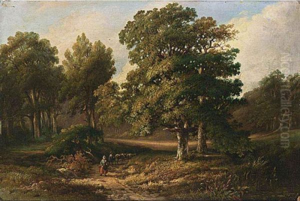 A Peasant Woman On A Path In A Wooded Landscape Oil Painting by Gerhardus Meijer