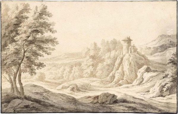 Italianate Landscape With With A Tower On A Hill Oil Painting by Albert Meijeringh