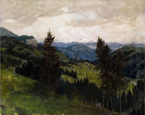 Blick Vom Wendelstein Auf Die Tauern Voneiner Anhohe Uber Die Taler Hinweg Oil Painting by Lothar Rudolf Meilinger