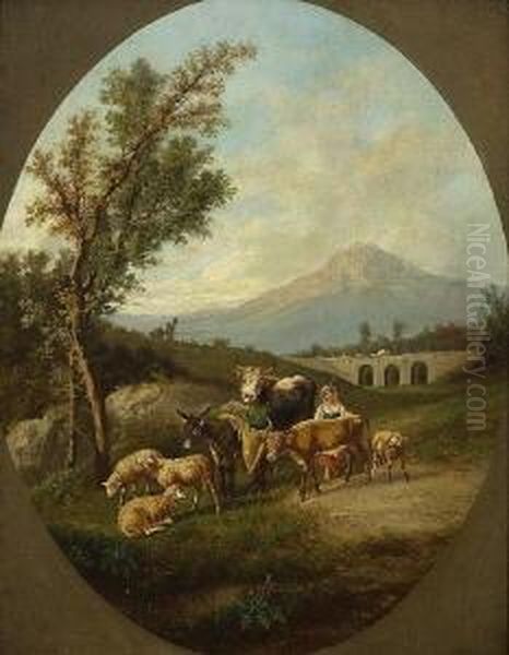 Hirtin Mit Vieh In Sizilianischer
 Landschaft. Oil Painting by Johann Philipp Meinel