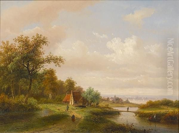 A River Landscape With A Village In The Distance Oil Painting by Claas Hendrik Meiners