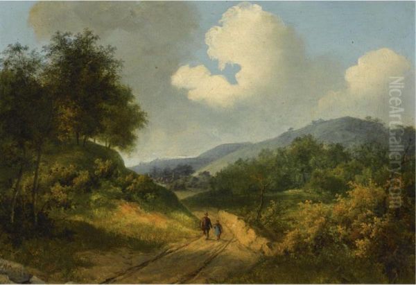 A Wooded Landscape With Travellers On A Track Oil Painting by Claas Hendrik Meiners