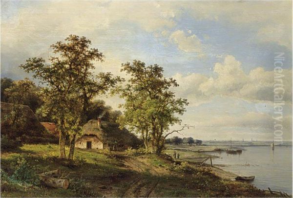 A Summer Landscape With Travellers Along A River Oil Painting by Claas Hendrik Meiners