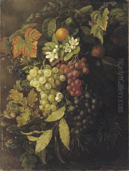 Autumn: Grapes, Oak Leaves, Oranges And A Dragonfly Oil Painting by Friedrike Meinert