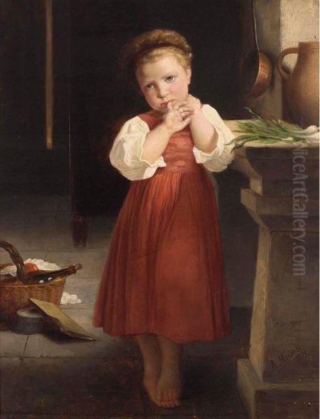 A Young Girl In A Kitchen Interior Oil Painting by A. Meisner