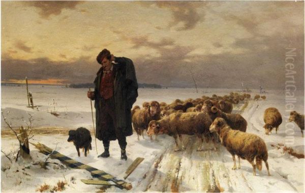 Schafer Mit Herde In Winterlandschaft Oil Painting by Ernst Adolf Meissner