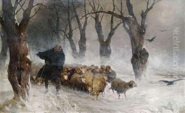 Flock Of Sheep In A Wintry Landscape At Snowstorm. Oil Painting by Ernst Adolf Meissner