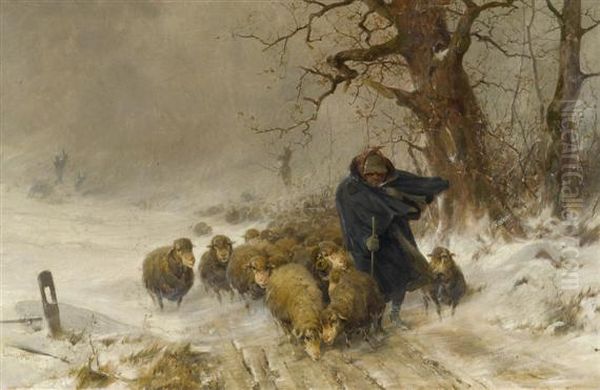 Flock Of Sheep In Winter Oil Painting by Ernst Adolf Meissner