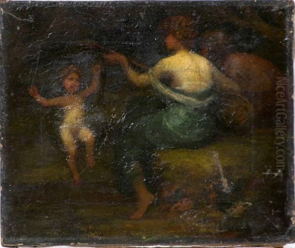 Woman Playing Lute And Dancing Child Oil Painting by Johann H. Meissners