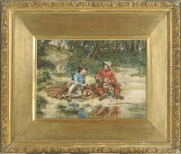 Travellers Resting By The Stream Oil Painting by Jean-Charles Meissonier