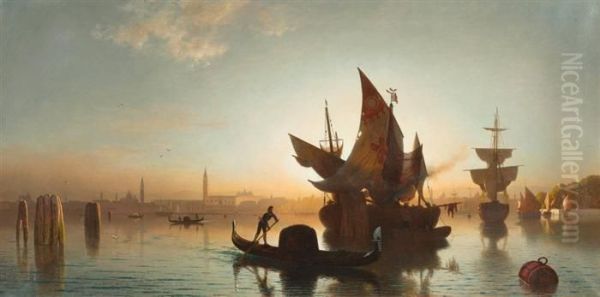 View Of Venice In The Evening Sunlight Oil Painting by Ludwig Meixner