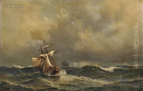 Sailing Ships In Heavy Seas Oil Painting by Anton Melbye