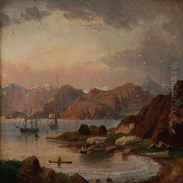 Liner Off A Coast Near A Trading Station Or Settlement, Presumably In Greenland Oil Painting by Anton Melbye