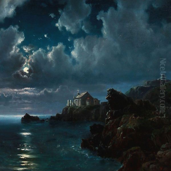 Moonlight Over A Church At The Scottish Coast Oil Painting by Vilhelm Melbye