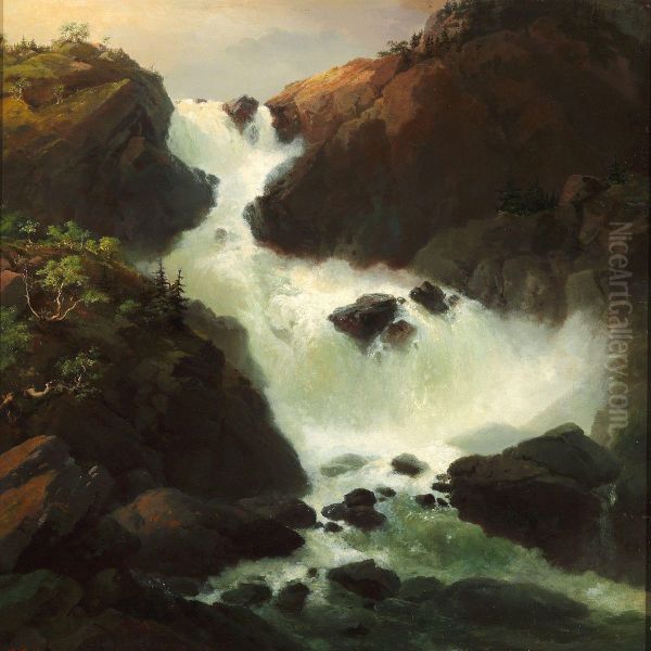 A Raging Waterfall, Laatefossen In Hardanger, Norway Oil Painting by Vilhelm Melbye