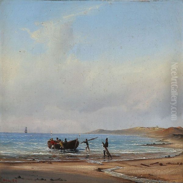 Coastal Scene With Fishermen Pulling A Rowboat Out To The Sea Oil Painting by Vilhelm Melbye