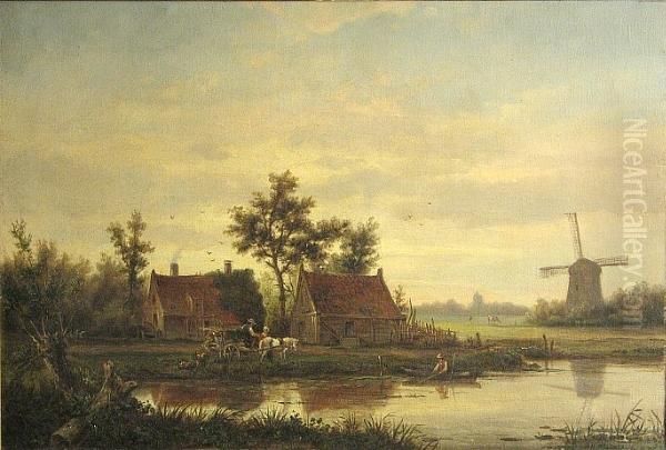 Cottages By The Water's Edge With A Windmill In The Distance Oil Painting by Jan Hermanus Melcher Tilmes