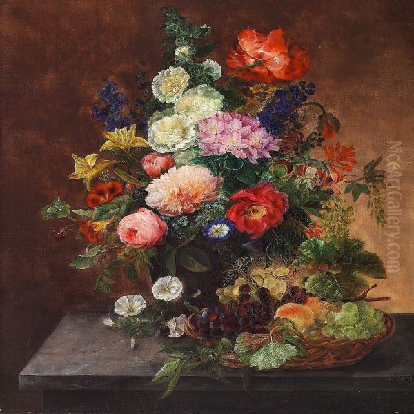 Various Flowers In A Vase And Fruit In A Basket On A Table Oil Painting by Henriette Melchior