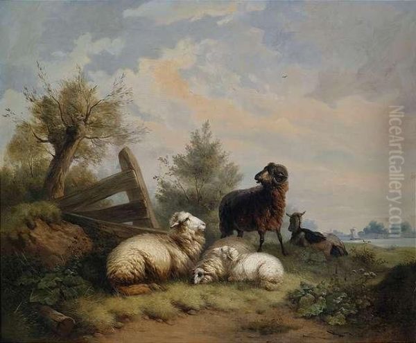 Ram And Goat At A Gate Oil Painting by Wilhelm Melchior