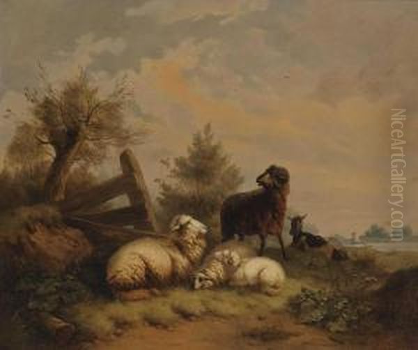 Schafe, Widder Und Ziege Am Gatter Oil Painting by Wilhelm Melchior