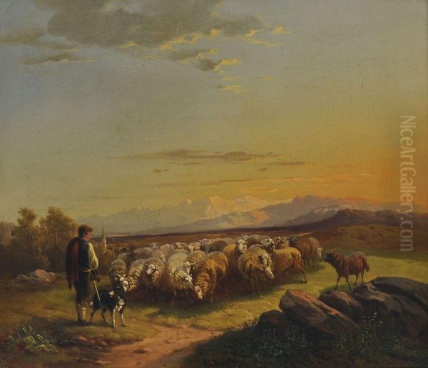 Schafhirte Mit Herde In Vorgebirgslandschaft Oil Painting by Wilhelm Melchior