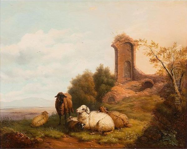 Ruhende Schafe Vor Kleiner Verfallener Kapelle Uber Weiter Hugellandschaft Oil Painting by Wilhelm Melchior