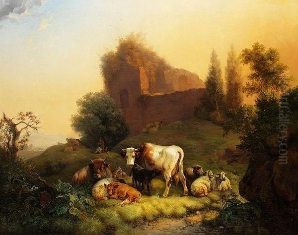 Kuhe Und Schafe Auf Der Weide Vor Einer Ruine Oil Painting by Wilhelm Melchior