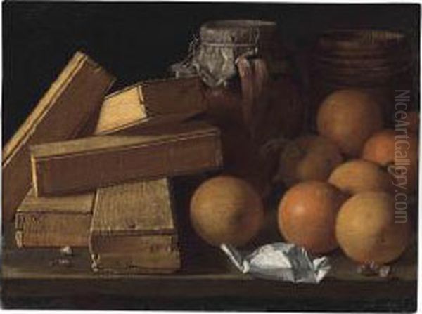 Oranges, Nuts, Spices, Boxes Of Sweetmeats, A Jug And A Cask On A Table Oil Painting by Luis Eugenio Melendez