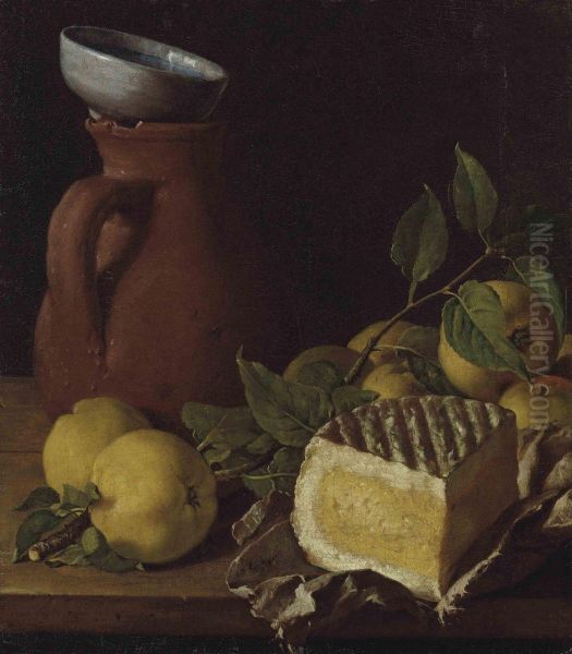 Cheese, Apples And An Earthenware Jug Oil Painting by Luis Eugenio Melendez