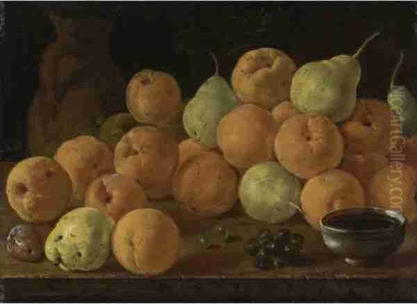 Still Life With Peaches, Pears And Grapes Oil Painting by Luis Eugenio Melendez