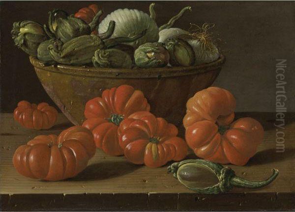 Still Life With Tomatoes, A Bowl Of Aubergines And Onions Oil Painting by Luis Eugenio Melendez