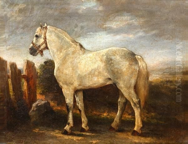 Portrait Of A Grey Horse Before Alandscape Oil Painting by Joseph Urbain Melin