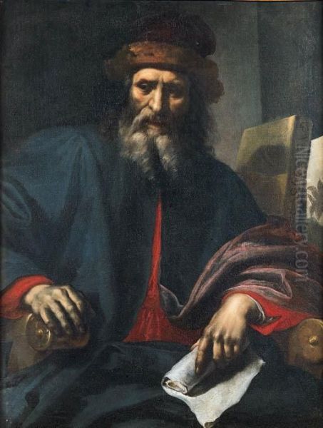 Ritratto Di Un Farmacista A Mezza Figura, In Poltrona, Con Cappelloviola Bordato Di Pelliccia Ed Abito Rosso, Mantello Blu Foderato Ditaffetas Viola, Con Un Trattato Di Galeno Ed Un Erbario, Ed Uncartiglio Nella Mano Sinistra Oil Painting by Agostino Melissi