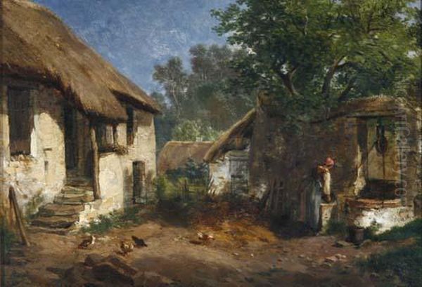 Blick Auf Einen Bauernhof Mit Einer Magd Am Brunnen Oil Painting by Leon Auguste Melle