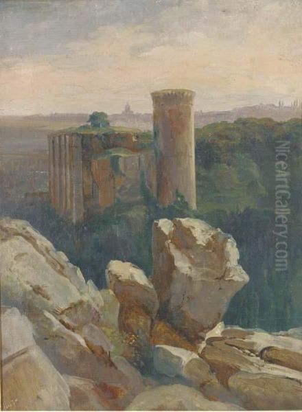 Ruins Before The Roman Campagna Oil Painting by Leon Auguste Melle